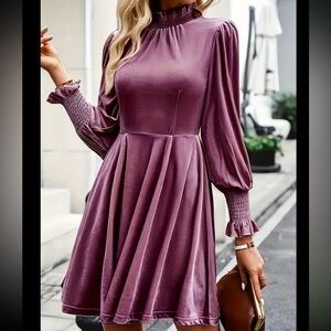 Shirred Lantern Sleeve Dress, Elegant Solid Velvet Mock Neck A-line Dress